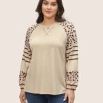 Striped Leopard Patchwork Raglan Sleeve Sweatshirt