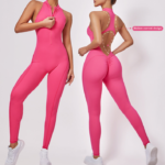 Girls Nude Backless Fitness Bodysuit Women's One-piece Front Zipper Yoga Jumpsuit Sports Bodysuit Back Hollow Bodysuit Slim Shaping Removable Breast Pad