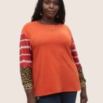 Striped Patchwork Leopard Round Neck Sweatshirt