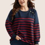 Striped Patchwork Button Detail Sweatshirt