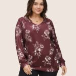 Silhouette Floral Rose Print V Neck Sweatshirt