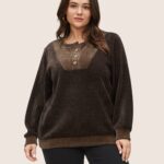 Chenille Plisse Patchwork Button Detail Sweatshirt