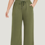 Plain Drawstring Pocket Wide Leg Sweatpant